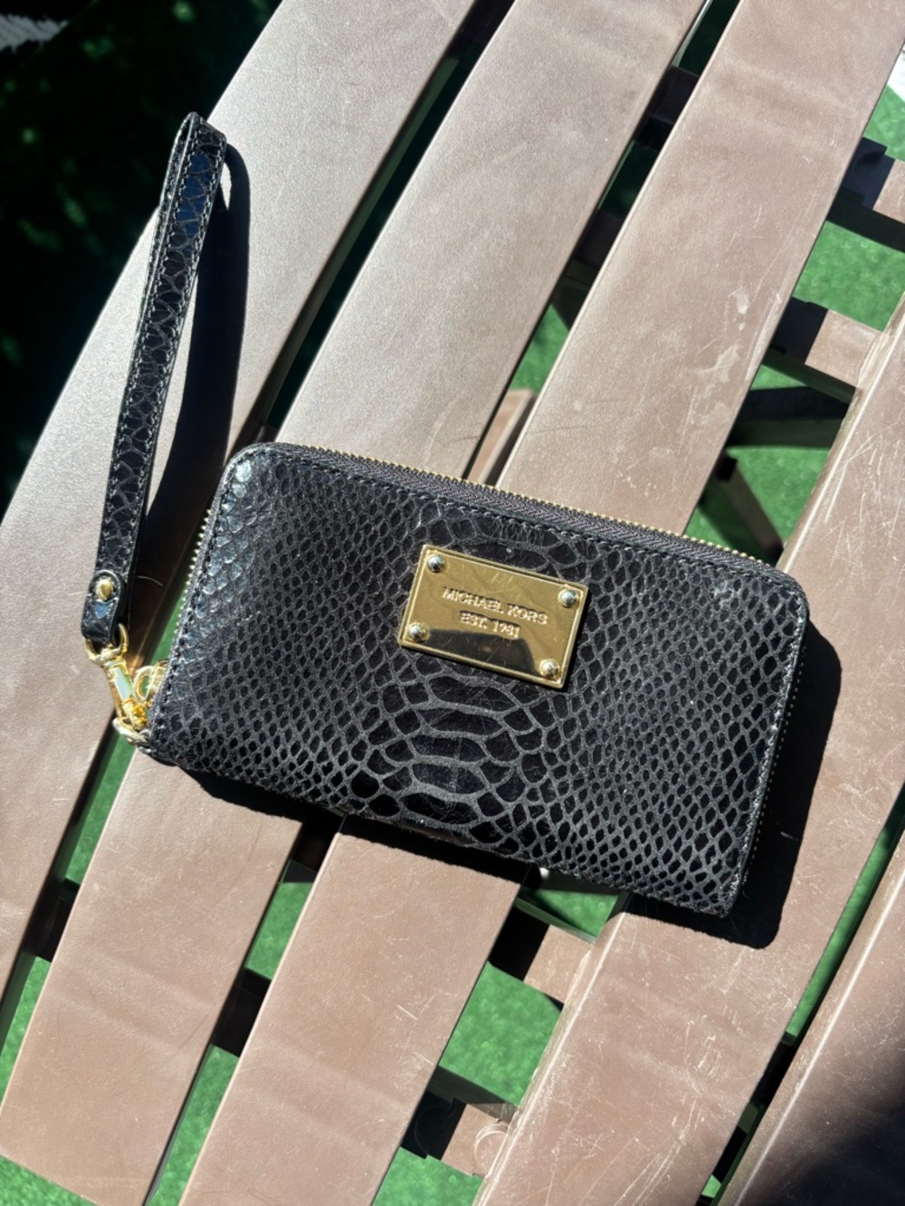Michael Kors Black Snake-Embossed Wristlet with Gold Plate